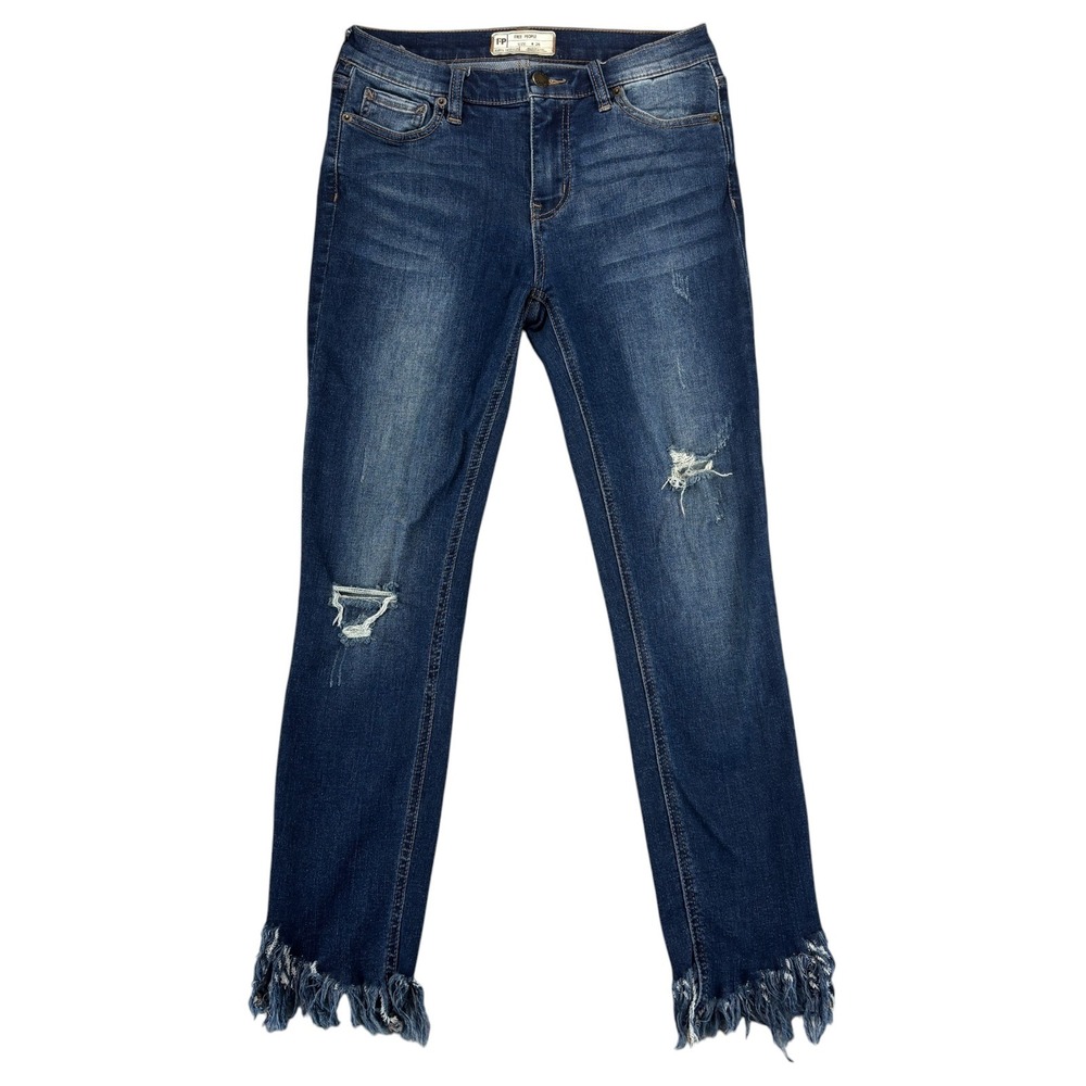 Free People Womens 26 Distressed Skinny Jeans Raw Fringe Hem Y2K Boho Festival